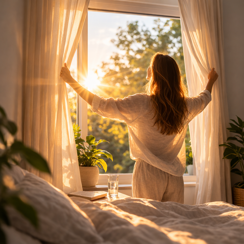 Morning sunlight entering a bedroom as someone opens the curtains