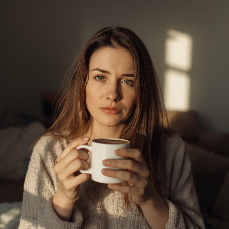 Tired person holding coffee after sleeping 8 hours